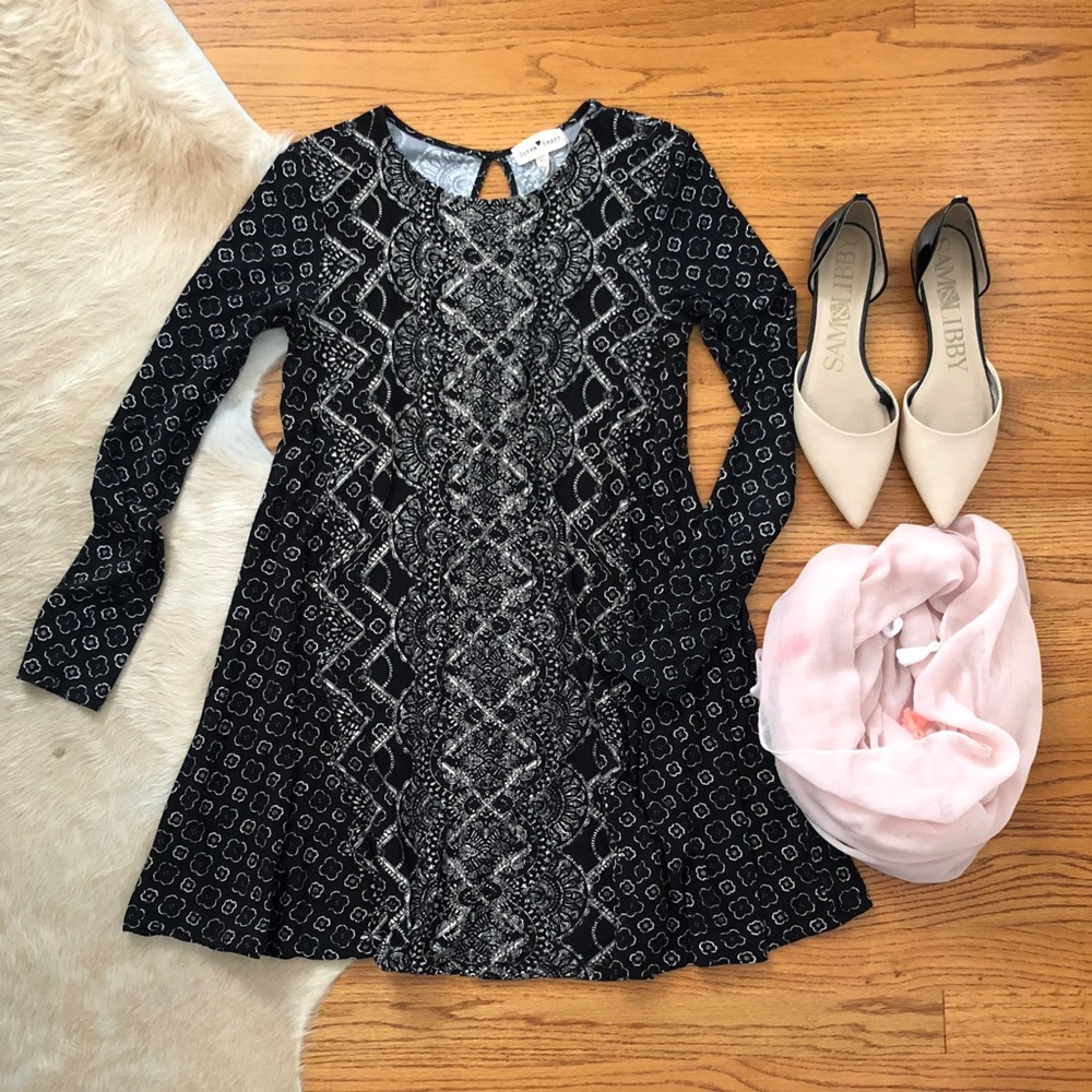 Long Sleeve Black & White Patterned Dress